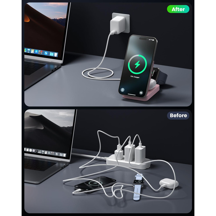 3-в-1 Бездротовий зарядний пристрій, індукційна станція Qi2, MagSafe, для iPhone 16/15/14/13/12, Apple Watch, AirPods, білий (рожевий)