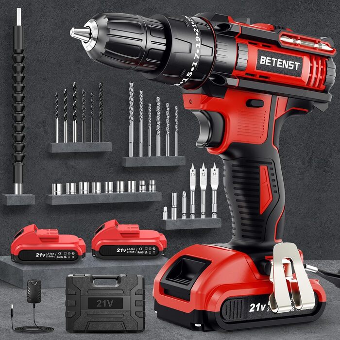 Акумуляторний дриль-шуруповерт BETENST 21V з 2 акумуляторами 2.0Ah, 42Nm, 25+3 ступені крутного моменту, 2 швидкості, LED-підсвічування, 30-ти елементний набір для дому, саду та DIY проектів