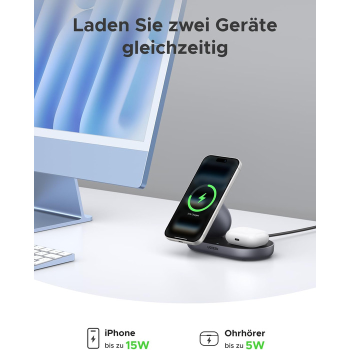 Зарядний пристрій бездротовий UGREEN 2-в-1 MagSafe 15W Qi2 для iPhone 17/16/15/14/13/12 та AirPods, кабель 1м (Чорний)