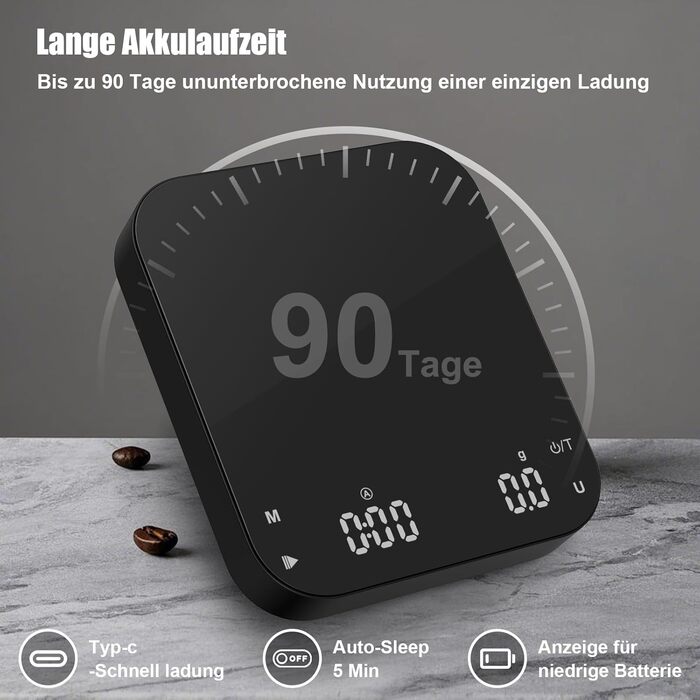Ваги для кави Diyife з таймером, 3 кг/0,1 г, перезаряджувані, з HD LCD дисплеєм, функцією тарування, портативні, високоточні ваги для еспресо та френч-пресу, чорний M