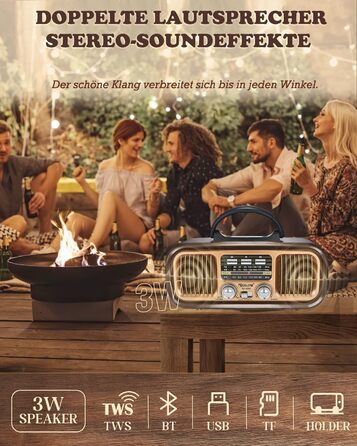 Ретро Радіо Klein з Bluetooth, AM/FM/SW радіо, портативне, з сонячною панеллю, USB/TF картка, 1200mAh, подвійний динамік