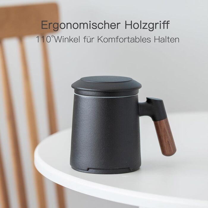 ZENS Teacup with Lid and Infuser, 360 ml Wooden Handle Tea Cup with Tea Strainer and Lid for Loose Leaf Tea, Matte Ceramic Tea Cups Gifts for Tea Lovers, Hand-Sprayed Black Glaze