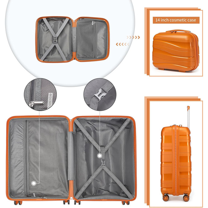 Чемодан-валіза KONO 55 см: легкий, з жорстким корпусом, TSA-замок, 4 колеса (2 шт. чорний, 2 шт. оранжевий)