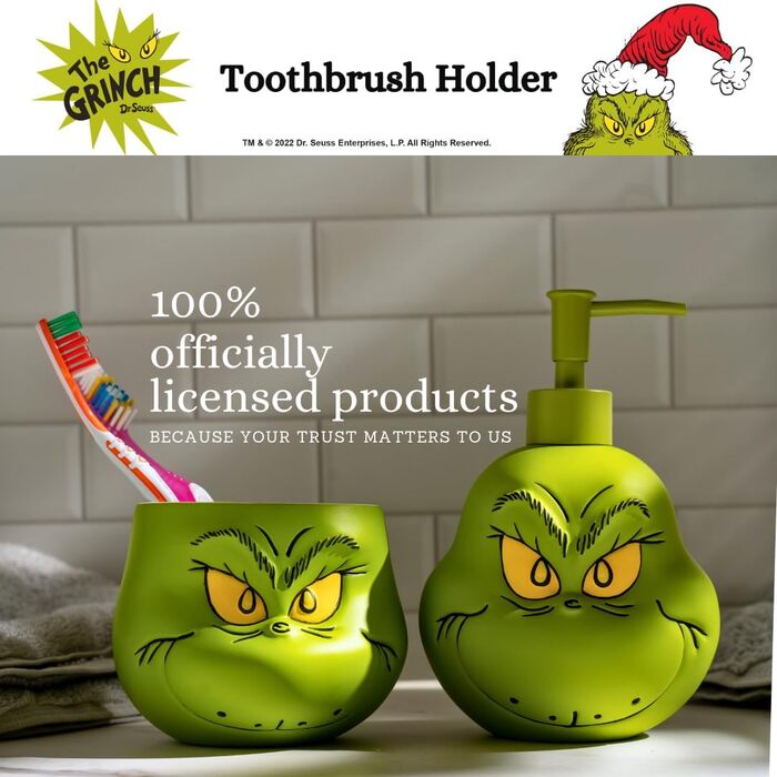 Collectibles Dr. Seuss' The Grinch Holiday Toothbrush Holder for Makeup Brushes/Pens, Official Licensed Product Franco