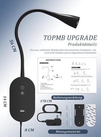 Нічна LED лампа для читання Wandleuchte з USB, 5 рівнів яскравості, сенсорне управління, гнучкий кронштейн, автовимкнення (Чорна)