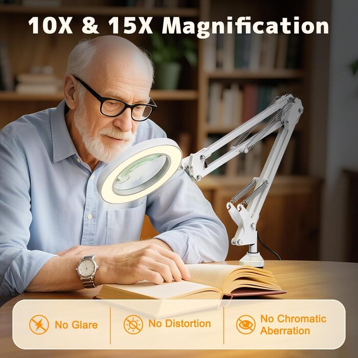 Лампа-лупа Jubor 2-в-1 зі світлом та підставкою, 15x/10x, LED, з кріпленням та основою, 3 режими, регульована яскравість, для хобі, ремонту, майстрів