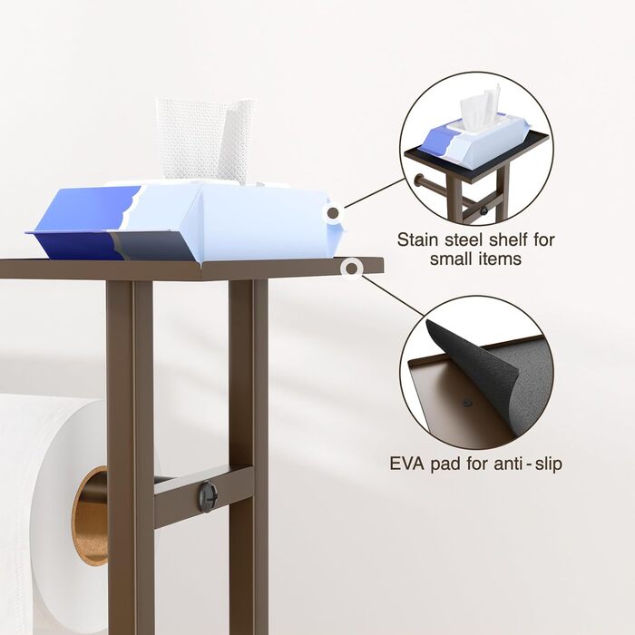 Stainless Steel Toilet Paper Holder with Brush - Freestanding Toilet Paper Roll Holder with Tray & Glass Shelf (Matte Brown)