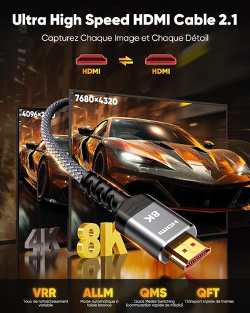 HDMI кабель SNOWKIDS 8K@60Hz 2M, HDMI 2.1, 48Gbit/s, 4K@120Hz, Dolby Vision, DTS:X, HDCP 2.2/2.3, HDR 10, eARC, HDR, сумісний з PS5, HDTV, проектором, PC, монітором, PS4