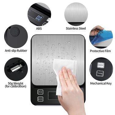 Кухонні ваги HOWEIFULL Digital 15 кг з великою поверхнею, USB зарядка, харчові, з нержавіючої сталі, точність 1 г (Чорний)