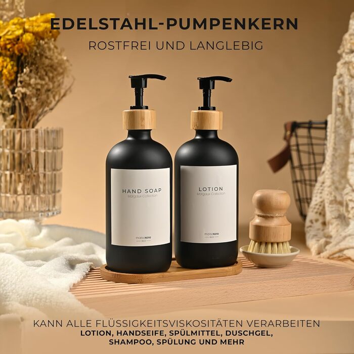 Набір дозаторів для мила та рідкого миючого засобу MaisoNovo: скляні дозатори з бамбуковою помпою, 2 шт. (500 мл)