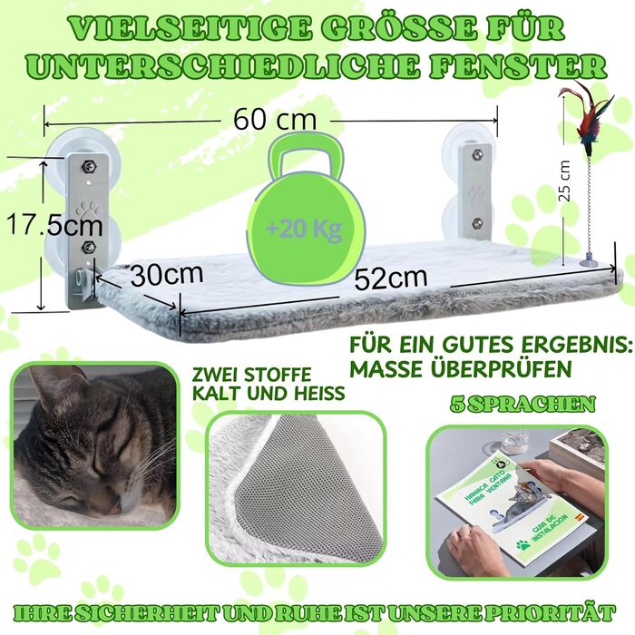 Підвісна гамак для котів на вікно/стіну, ліжко для котів з присосками, без кабелю, з іграшкою. Бежевий, великий