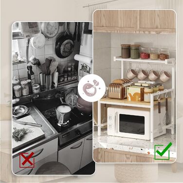 Поличка для мікрохвильової печі, кухонна поличка, 2 яруси, з підставкою для обробної дошки, органайзер з 8 гачками, коричнева, ABRBN5301