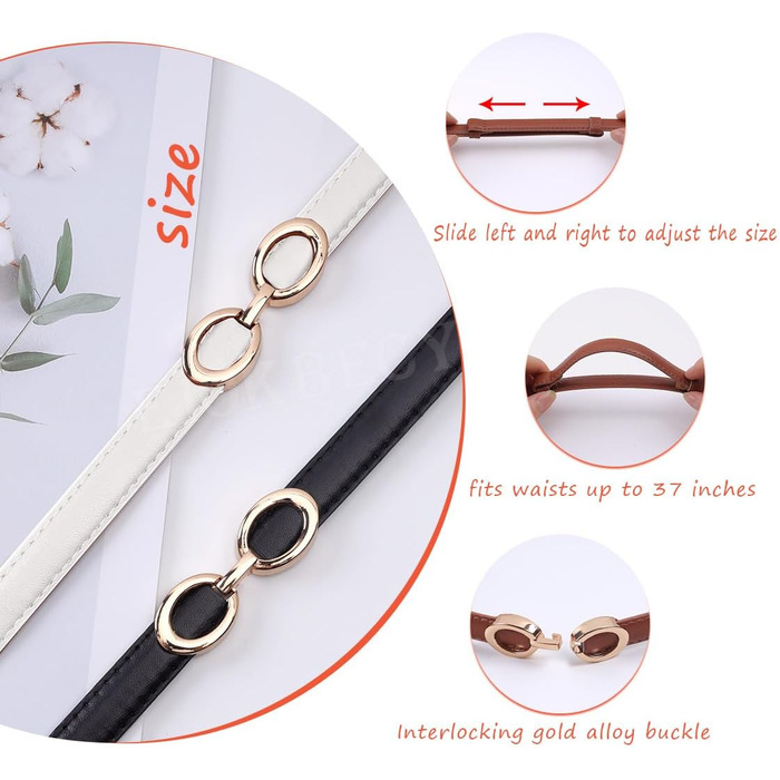 2 жіночі шкіряні ремені Skinny: тонкий, витончений, з золотою пряжкою для суконь та пальто (чорний+білий)