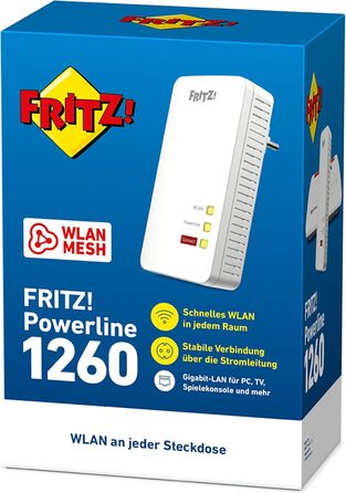 Адаптер FRITZ!Powerline 1260 (1200 Мбіт/с, точка доступу Wi-Fi, для медіа-стримінгу та NAS), білий