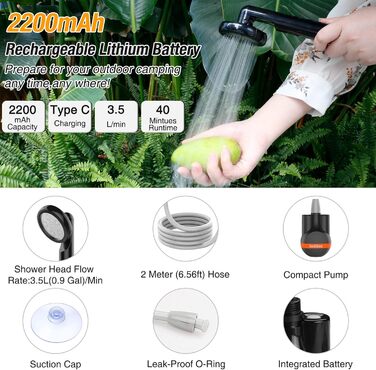 Asstikoo Portable Camping Shower, Camping Shower with Rechargeable Battery, Compact Rechargeable Electric Pump Shower Head for Camping, Pet Cleaning, Beach Washing, Hiking and Travel