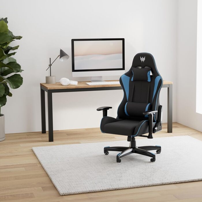 Ігрове крісло Acer Predator Rift Lite, знімні поперекова та шийна подушки, регульовані 2D-підлокітники, дві подушки, спинка з нахилом до 155°, для користувачів до 120 кг, чорний/синій
