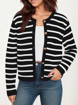 Жіноча коротка в'язана куртка з двома кишенями на ґудзиках, смугастий пуловер, стильна осіння кардиган, круглий виріз, модна в'язана кофта XL чорного кольору