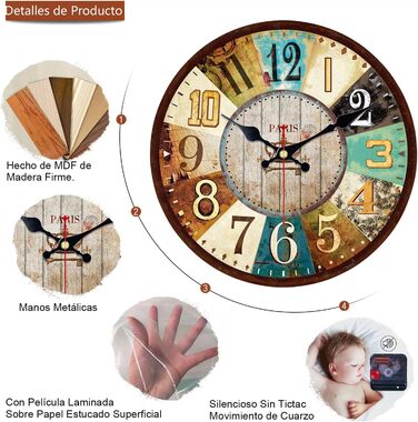 VIKMARI Quartz Wall Clock Wood Silent Hanging Clock, Battery-Powered Round Rustic Clock, Easy to Read Vintage Indoor Wall Clock || 14' (France Parisian Style, 30 cm)