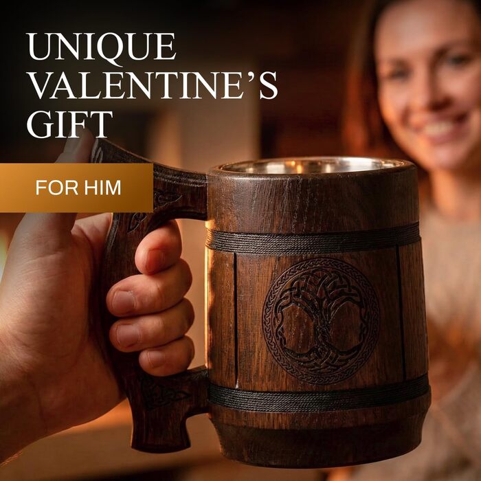Діжка TESLYAR Вікінг 0.6 л з дуба - середньовічна діжка для пива, кружка, кухоль з гравіюванням молота Тора, руни. Ідеальний подарунок для чоловіків, дерев'яний кухоль.