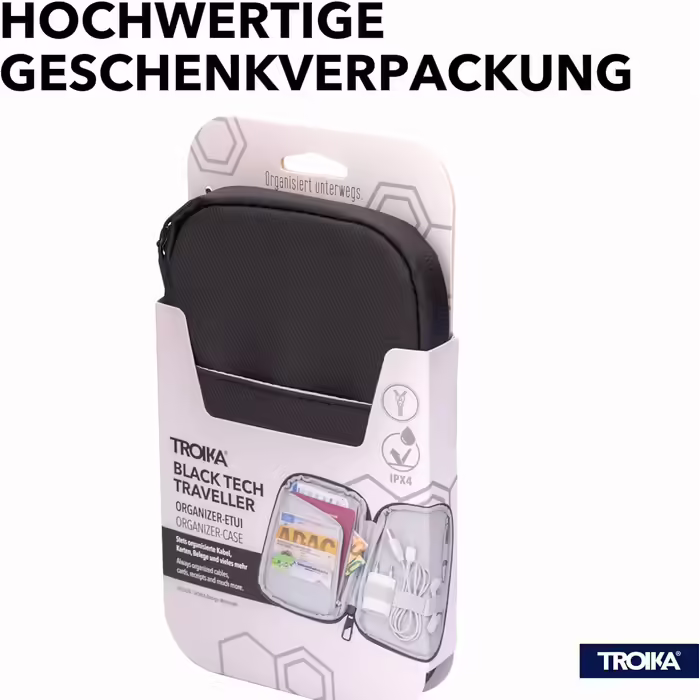 Органайзер для подорожей і кабелів TROIKA Smart Traveller, чорний, поліестер, поліуретан, з фронтальною кишенею, на блискавці, з відділеннями для карт