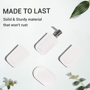 Набір аксесуарів для ванної кімнати (4 шт) з пластику: тримач для зубних щіток, стаканчик, дозатор мила, мильниця. Білий колір