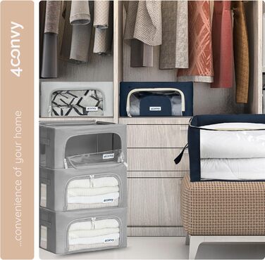 Органайзер для одягу 4CONVY: коробка для зберігання з блискавкою та металевим каркасом (3x24L, темно-сірий) - покращений матеріал 2024