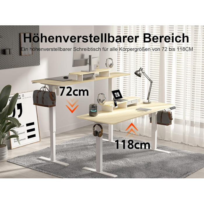 Electric Standing Desk with Drawers - 120x60cm, Oak Finish - Adjustable Height Desk for Home Office & Business, Monitor Stand, Phone Holder, 3 Hooks