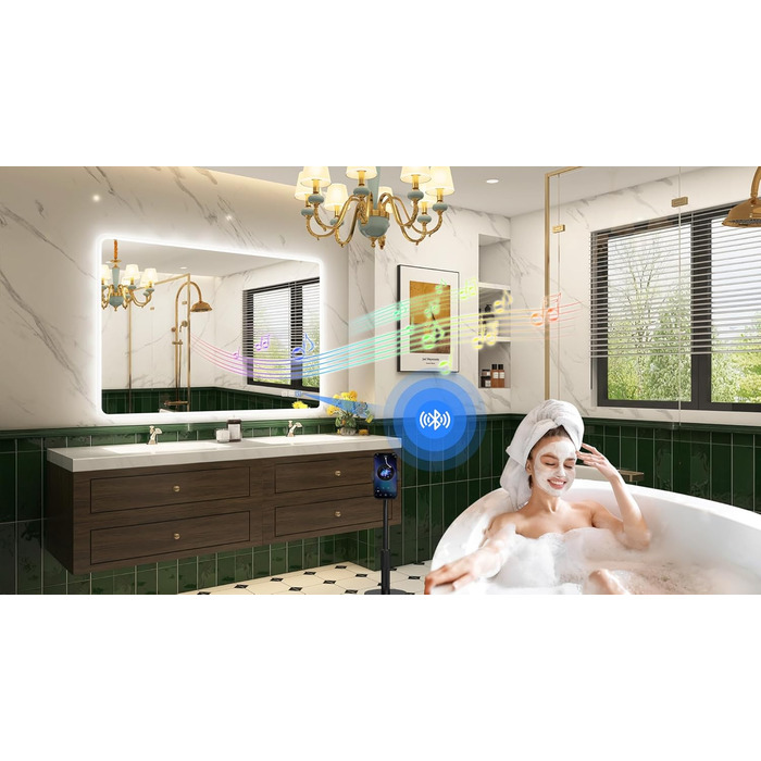 Дзеркало для ванної кімнати зі підсвічуванням STARLEAD 100x70 см, Bluetooth, антизапар, регулювання яскравості, 3 кольори світла, функція пам'яті, IP44, LED, горизонтальне/вертикальне, HD скло, Madrid Silver (Bluetooth)