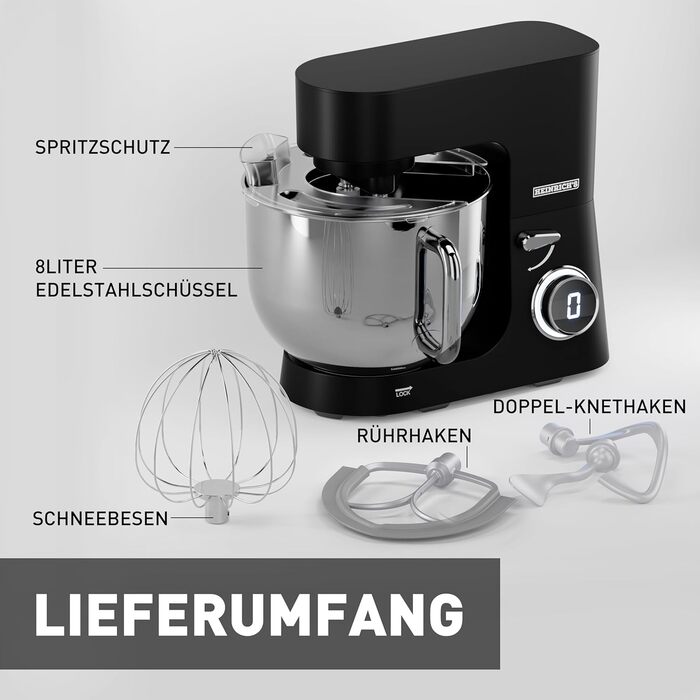 Кухонна машина Heinrichs 2500W з подвійним гаком для тіста, міксером та вінчиком, 8 швидкостей, чаша 8L з нержавіючої сталі, чорна
