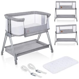 Lionelo Luna Portable Crib with Mattress, Travel Bed, from Newborn to 9 kg, Adjustable in Height and Tilt, 4 Wheels with Brakes, Attachment for Parent's Bed (Gray)