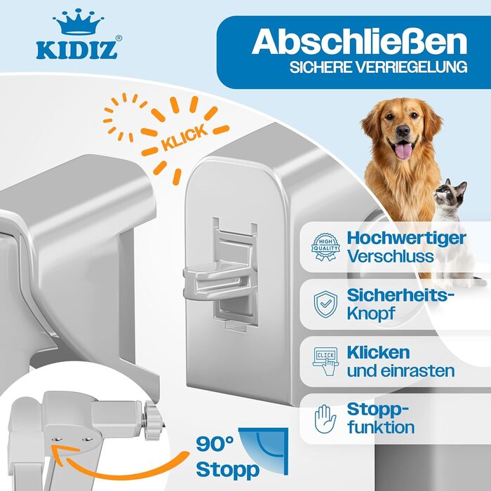 Захист для сходів KIDIZ без свердління | Ширина: 74-80 см, висота 75 см | Захист від падіння для дітей та собак | Одноручний відкривання, система Open-Stop 90°, сірий