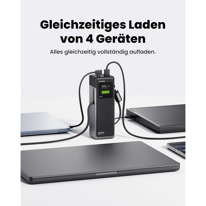 Потужний павербанк SHARGE HyperTower 170W 25000mAh з TFT-дисплеєм, 4 портами (3x USB-C, 1x USB-A) та вбудованими кабелями для MacBook Pro та ноутбуків, чорний