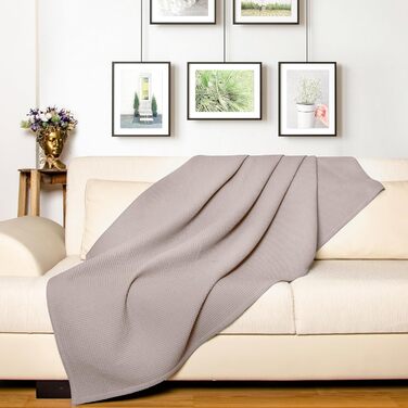 Плед LAYNENBURG Premium 180x220 см, бавовна 100%, вафельна в'язка, бежевий. Плед на ліжко, диван, софу.