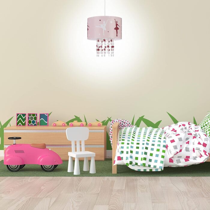 Relaxdays Hanging Lamp for Girls, Children's Lamp with Ballerina Motif, Pendant Light with Star Mobile for Children's Rooms, pink, 30 x 30 x 140 cm
