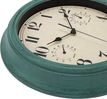 Foxtop Funk Wall Clock, Indoor Outdoor Weatherproof Wall Clock with Temperature Display and Hygrometer, No Ticking Sound Silent Retro Clock for Terrace Bathroom Kitchen Living Room Home Decor (Bronze, 30cm) (Green)