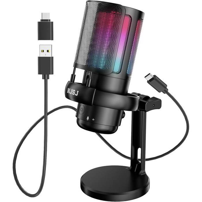 Мікрофон для ПК NJSJ Gaming RGB, для стрімінгу та запису, USB, сумісний з PS4/PS5/Mac, з регулятором гучності, чорний