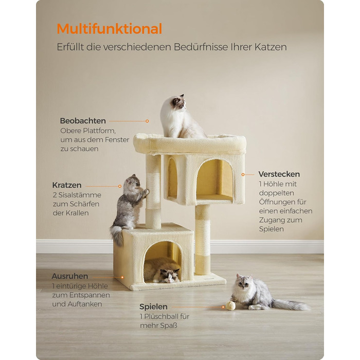 Feandrea Cat Tree, 84 cm Cat Tree, L, Cat House for Large Cats up to 7 kg, Large Platform, 2 Cat Caves, Sisal Posts, PCT61W (XL (68 x 48 x 101 cm), Beige)