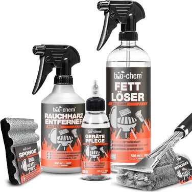 Bio-Chem Grill and Oven Cleaning Set, 5-Piece - Powerful Grill Cleaner & Care including Grill Brush + Grill Sponge - For Gas Grill, Oven, Stainless Steel, Cast Iron, Smoker, and more - Made in DE