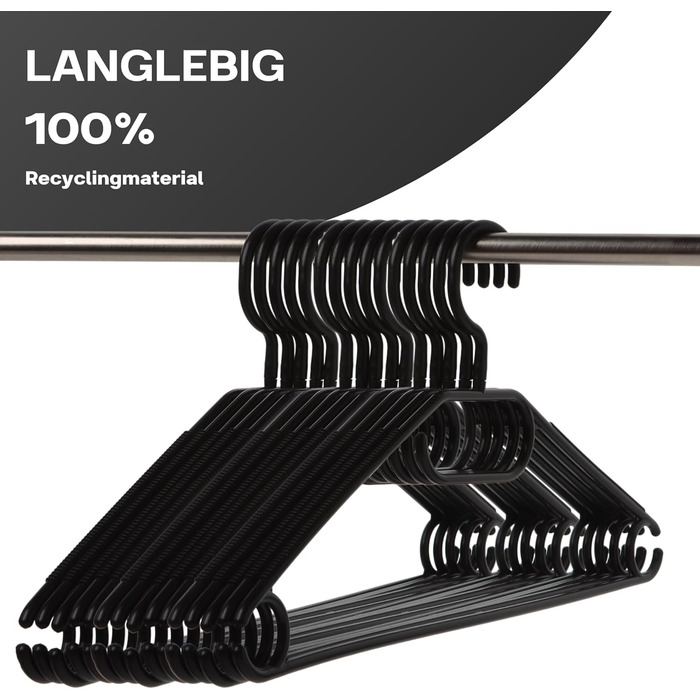 Чорні вішалки для одягу 20 шт. з обертовими гачками, економія місця, пластик, довжина 41 см, Made in EU, екологічні (100% перероблений матеріал), модель Minnie