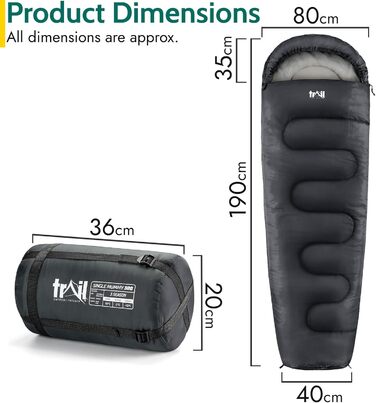 Спальний мішок Trail для дорослих – 3-сезонний, для кемпінгу, 300 GSM, з внутрішньою кишенею, легкий компресійний мішок (антрацитовий)
