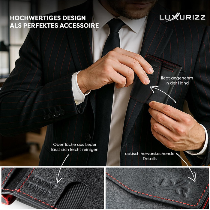 Смарт-гаманець Luxurizz з натуральної шкіри червоний/чорний - тонкий гаманець з відділом для монет та RFID-захистом - практичний картхолдер з слайдером для чоловіків та жінок, вміщує 10 карт