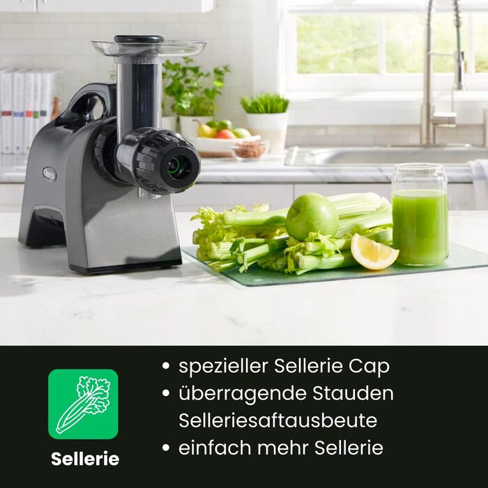 Omega Juicers MM1500 - three-stage screw press with a unique celery cap for maximum juice yield of 1.5 L - Ideal for making fruit and vegetable purees, sorbets, plant-based drinks, and includes a lot of accessories.