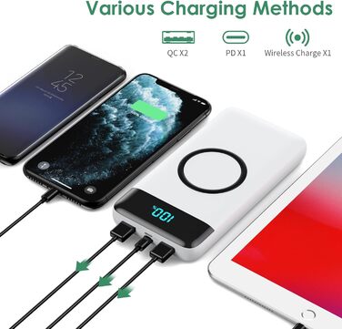 Бездротовий Power Bank 26800mAh 25W PD 3.0 + QC 4.0, зовнішній акумулятор з LCD-дисплеєм та підтримкою швидкої зарядки 15W, 4 USB виходи для iPhone, Samsung, Huawei, Oppo — Білий, Слім