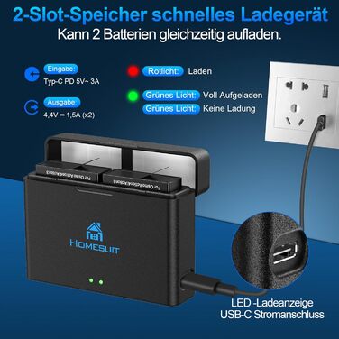 Набір акумуляторів та зарядний пристрій для DJI Osmo Action 4/3: 2x акумулятори 1800mAh + Dual USB LED зарядний пристрій