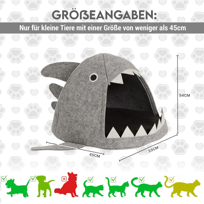 Хатинка для кота з фетру Hausleben, ліжко-печера для тварин, тепле гніздо з веселим дизайном у вигляді акули