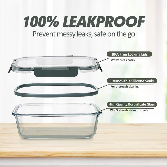 Набір контейнерів Verones 24 шт. з кришками, сірі, повітріодні, для зберігання продуктів, скляні, миються в посудомийній машині, морозостійкі