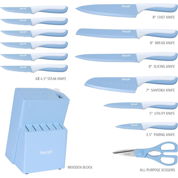 Набір ножів Hecef 14 предметів у блоці, з антипригарним покриттям, для миття в посудомийній машині, самозаточуваний блок, ергономічні ручки, кухонний набір для будь-якої кухні (блакитний)
