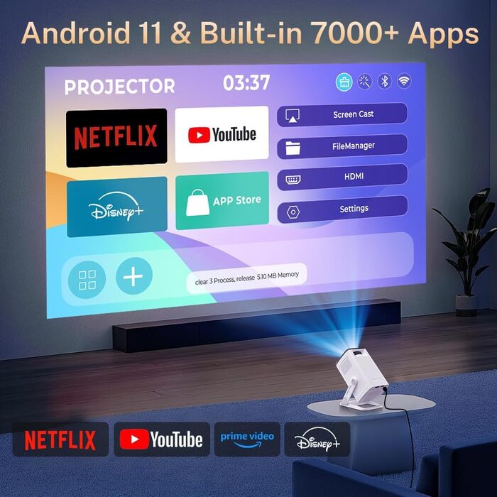 Портативний проєктор LYNCAST з Wi-Fi та Bluetooth, Android 11, 1080P/4K, поворотний на 180°, для домашнього кінотеатру та на відкритому повітрі (VisualCube 300 White)