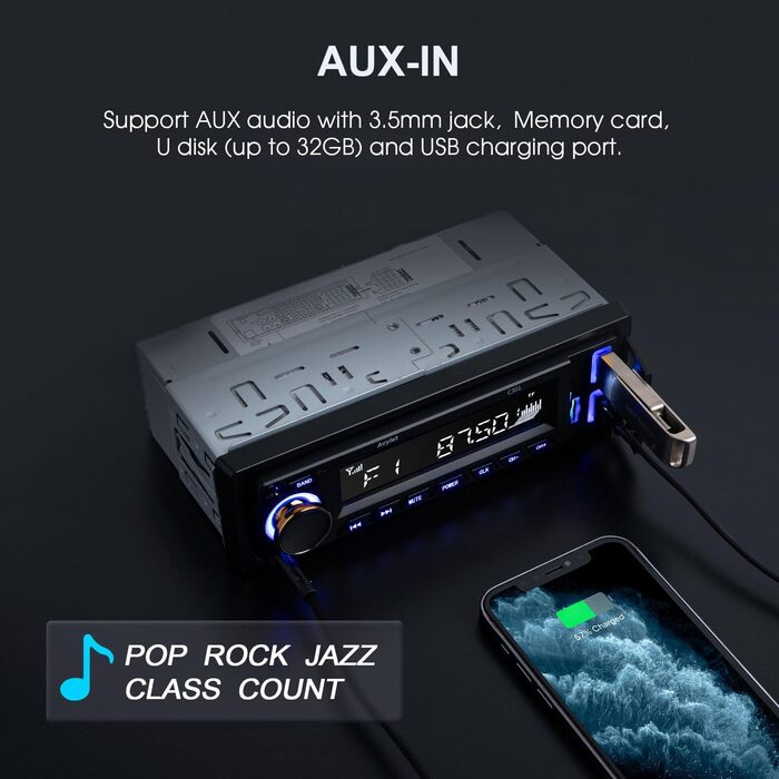 Автомагнітола Bluetooth 5.0 Avylet, 1 DIN, FM, 2 USB, AUX, MP3, 7 кольорів, підтримка карт пам'яті, гучний зв'язок