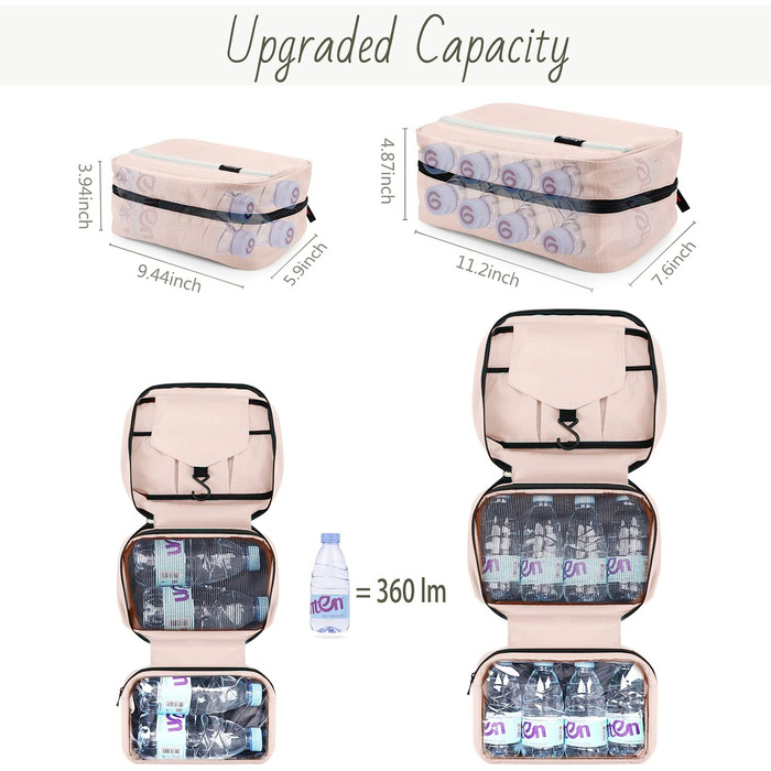 Сумка для косметики Maliton з підвішуванням, водонепроникна | Велика дорожня сумка для подорожей, ділових поїздок, спорту, плавання | Косметичка для жінок та чоловіків з 4 відділеннями, складна та компактна (Рожева)